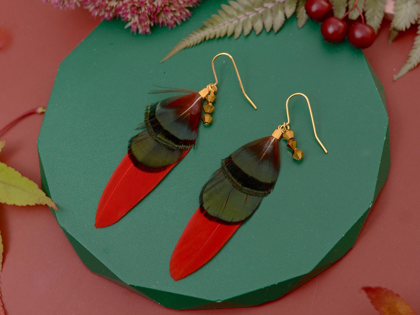 Red, Green and Gold Feather Earrings | Festival Earrings | Feather Jewellery | Festival Jewellery | Drop Earrings
