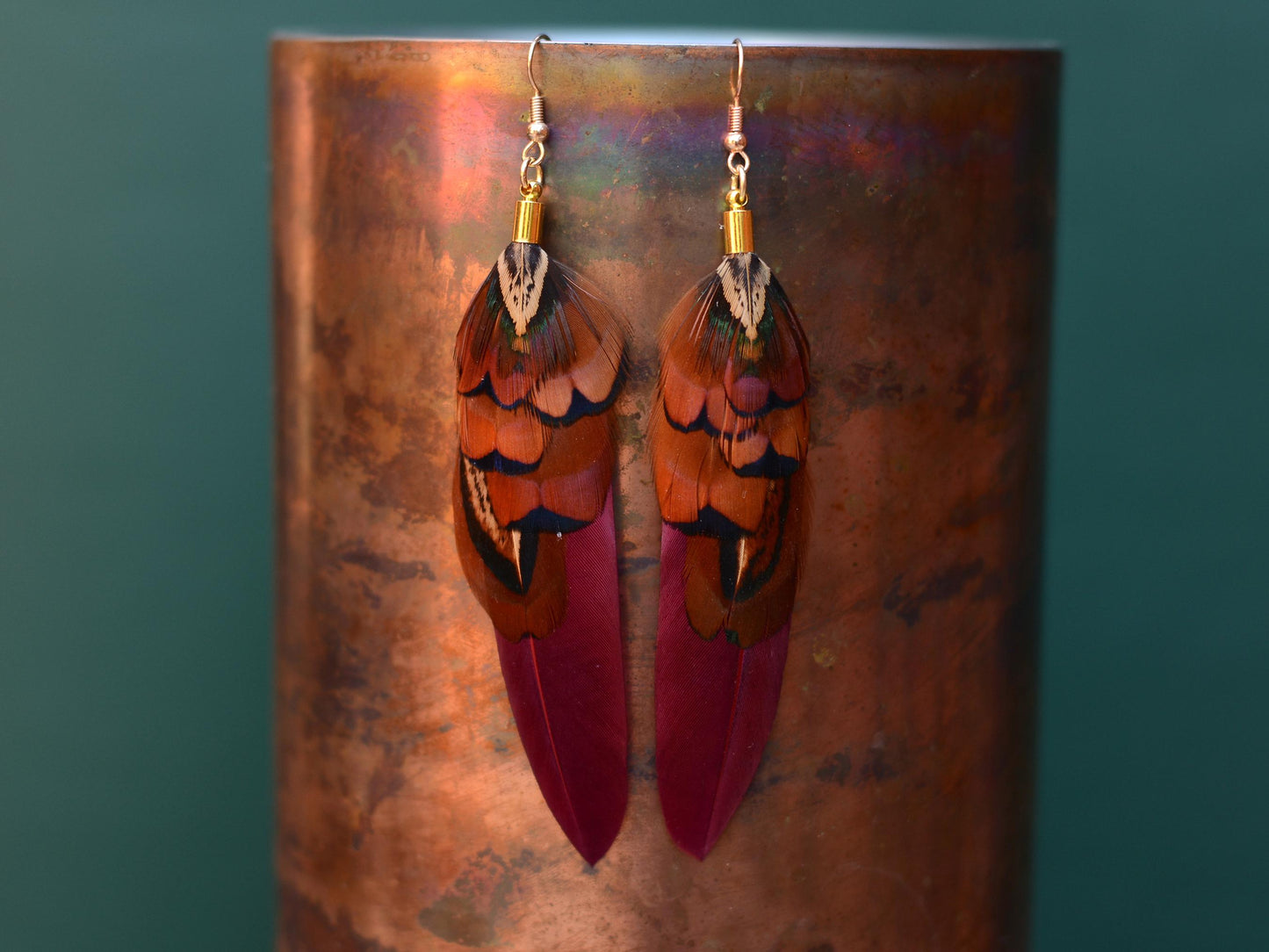 Plum and Copper Pheasant Feather Earrings | Festival Earrings | Feather Jewellery | Festival Jewellery | Drop Earrings