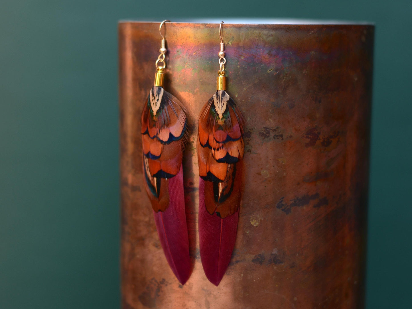 Plum and Copper Pheasant Feather Earrings | Festival Earrings | Feather Jewellery | Festival Jewellery | Drop Earrings