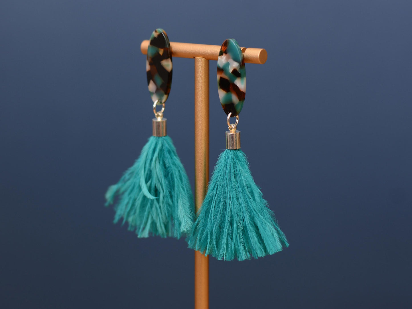 Statement Teal Blue Oval Acetate and Ostrich Feather Tassel Earrings
