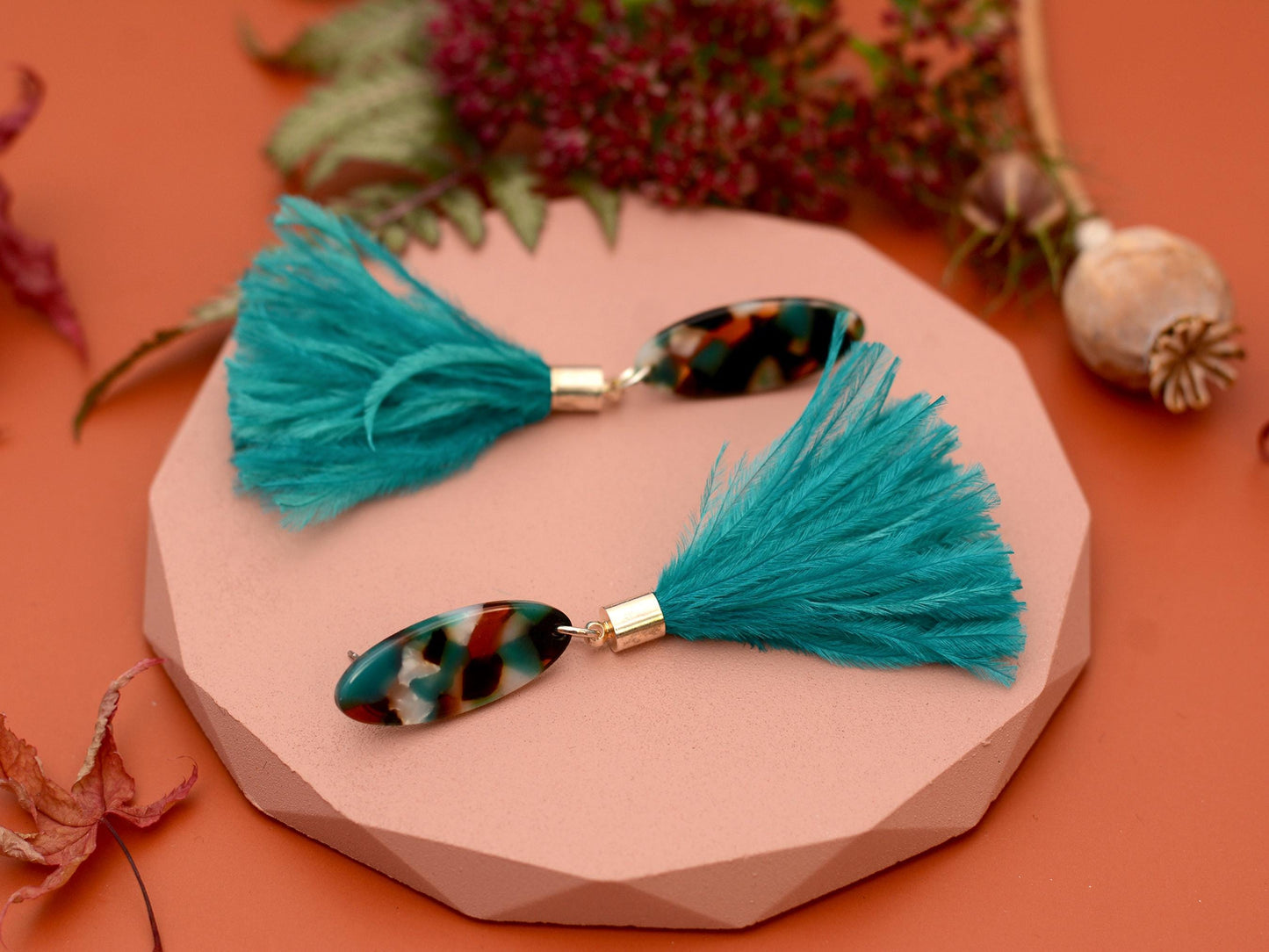Statement Teal Blue Oval Acetate and Ostrich Feather Tassel Earrings