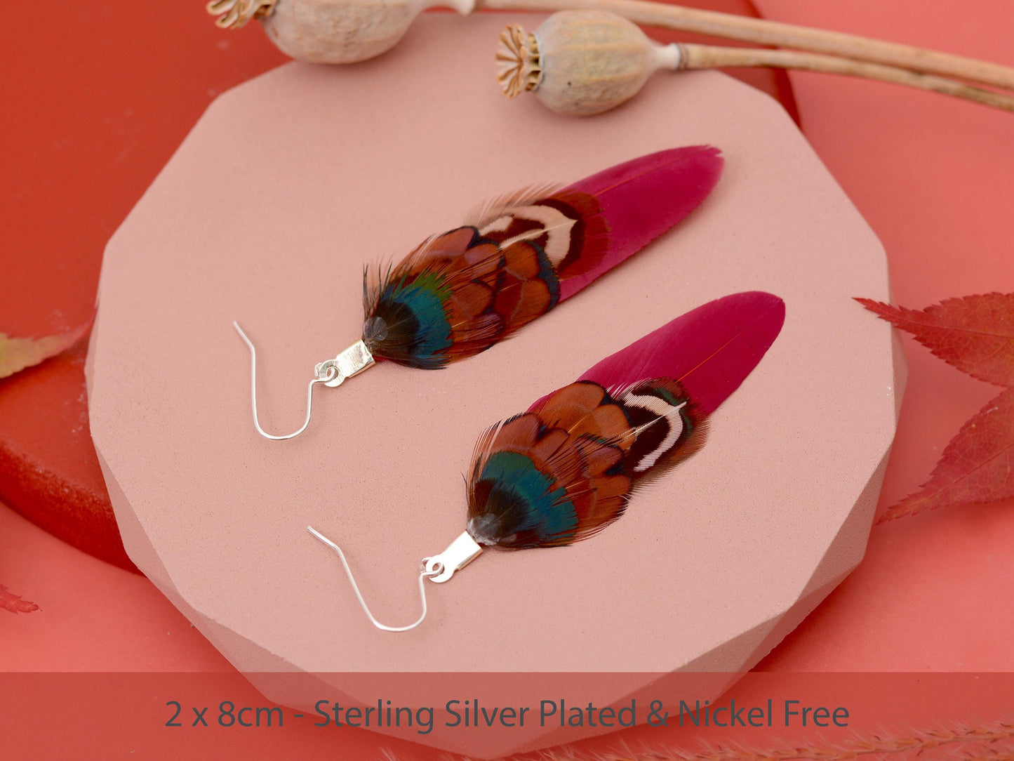 Burgundy and Pheasant Feather Earrings Small | Pheasant Feather Earrings | Festival Earrings | Feather Jewellery | Festival Jewellery