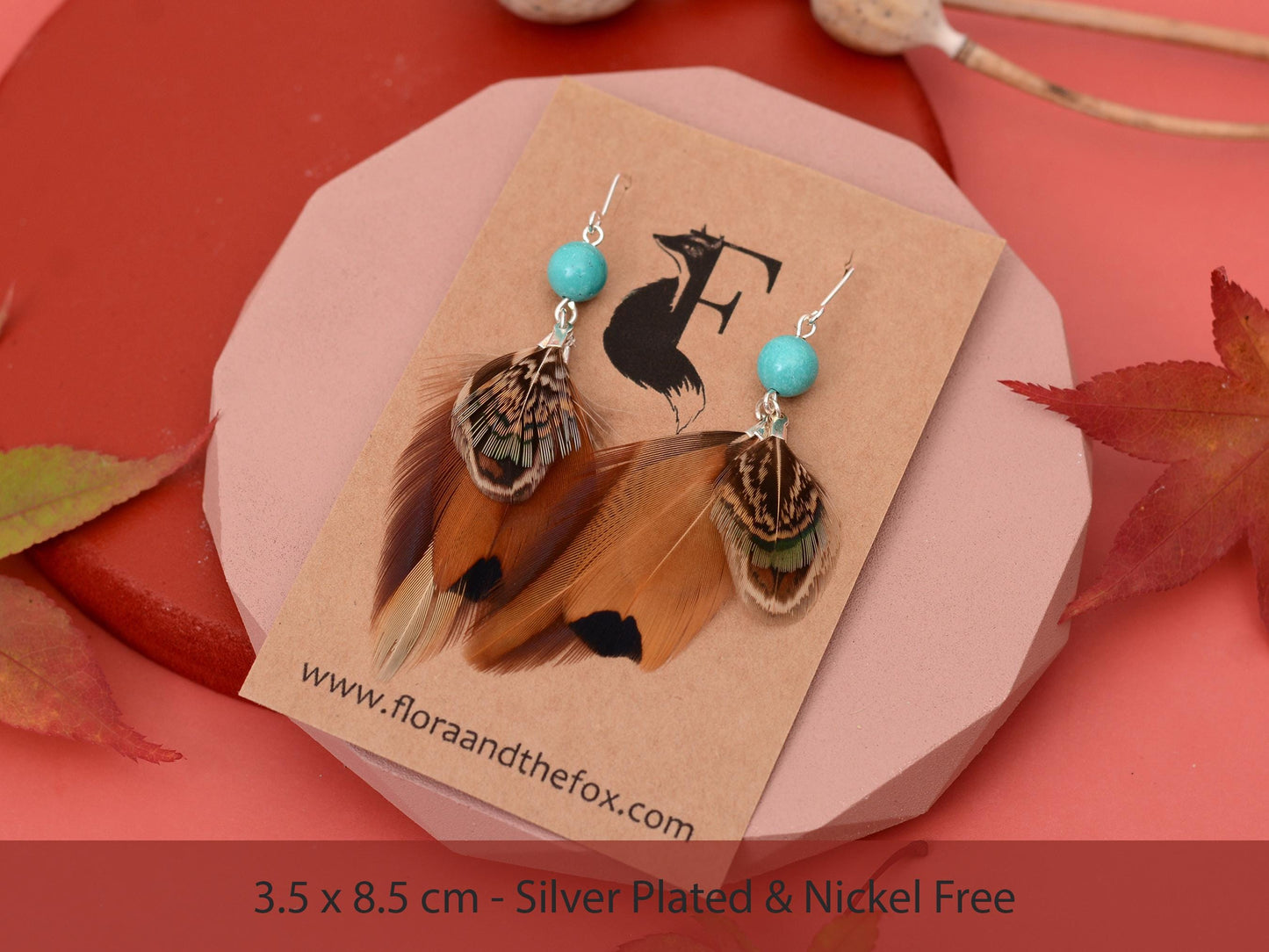 Pheasant Feather Earrings with Turquoise Bead | Feather Jewellery | Festival Jewellery