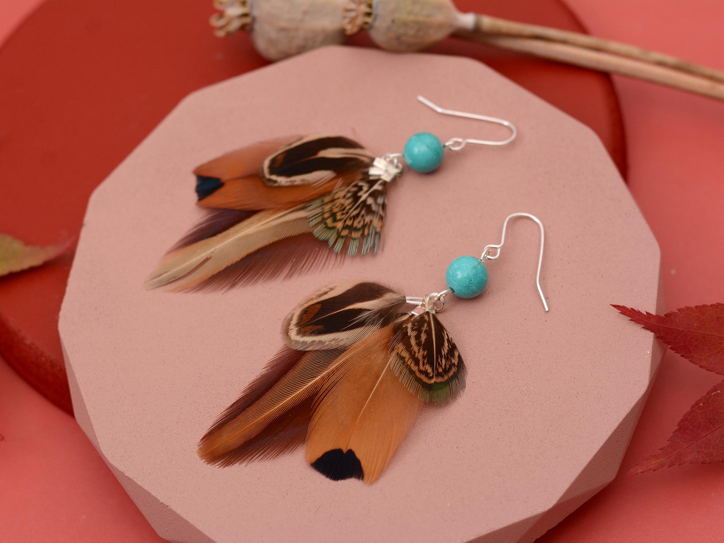 Pheasant Feather Earrings with Turquoise Bead | Feather Jewellery | Festival Jewellery