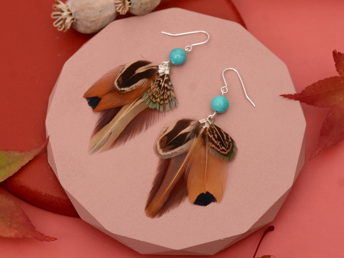 Pheasant Feather Earrings with Turquoise Bead | Feather Jewellery | Festival Jewellery
