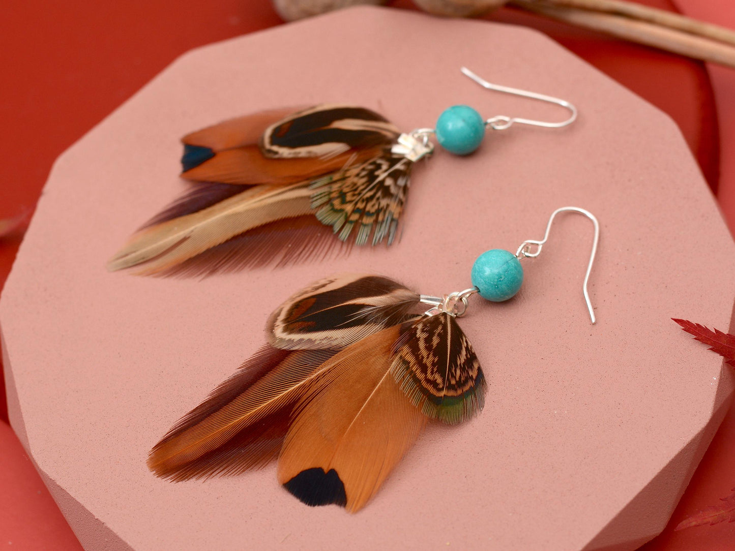 Pheasant Feather Earrings with Turquoise Bead | Feather Jewellery | Festival Jewellery