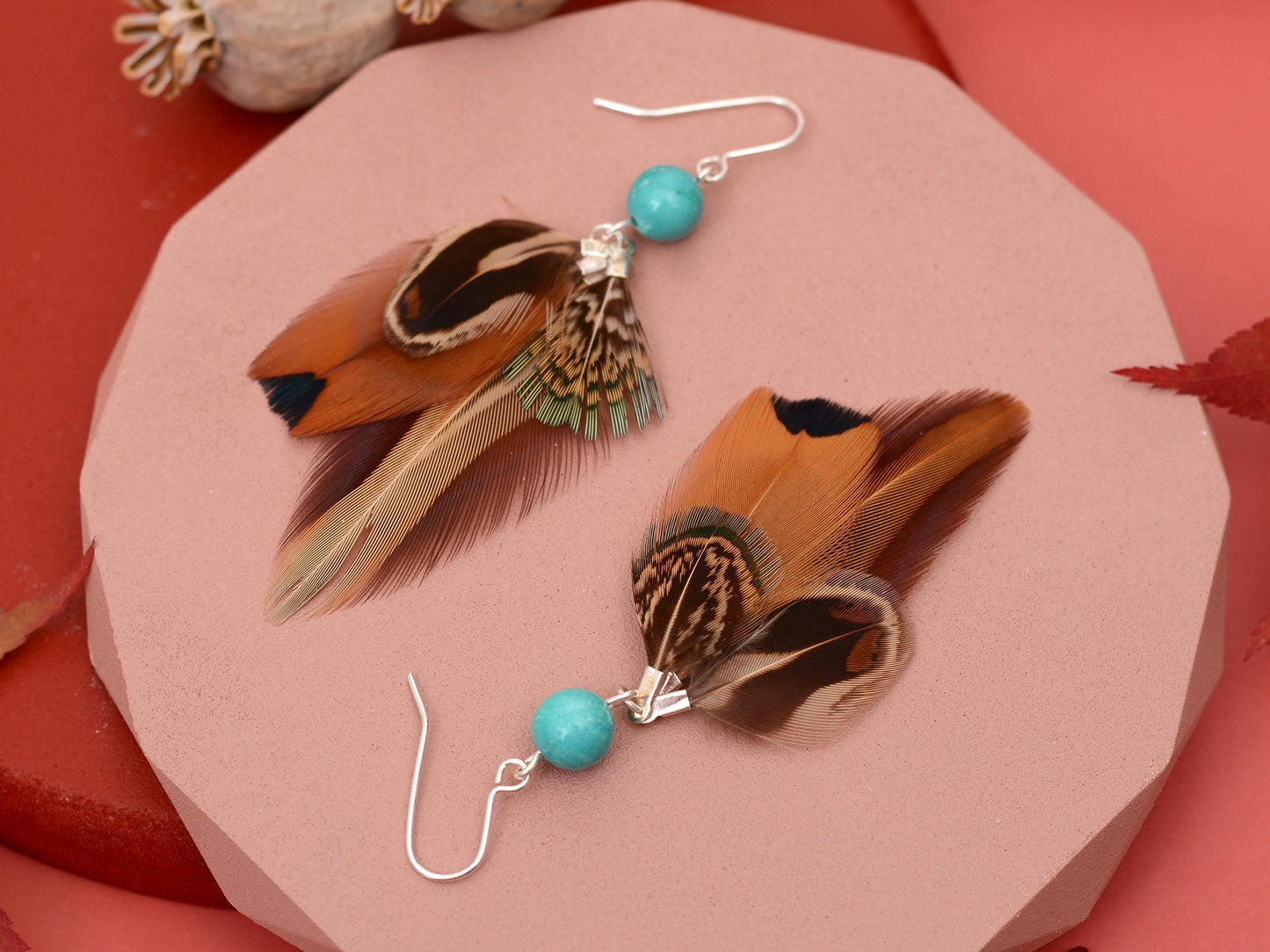 Pheasant Feather Earrings with Turquoise Bead | Feather Jewellery | Festival Jewellery