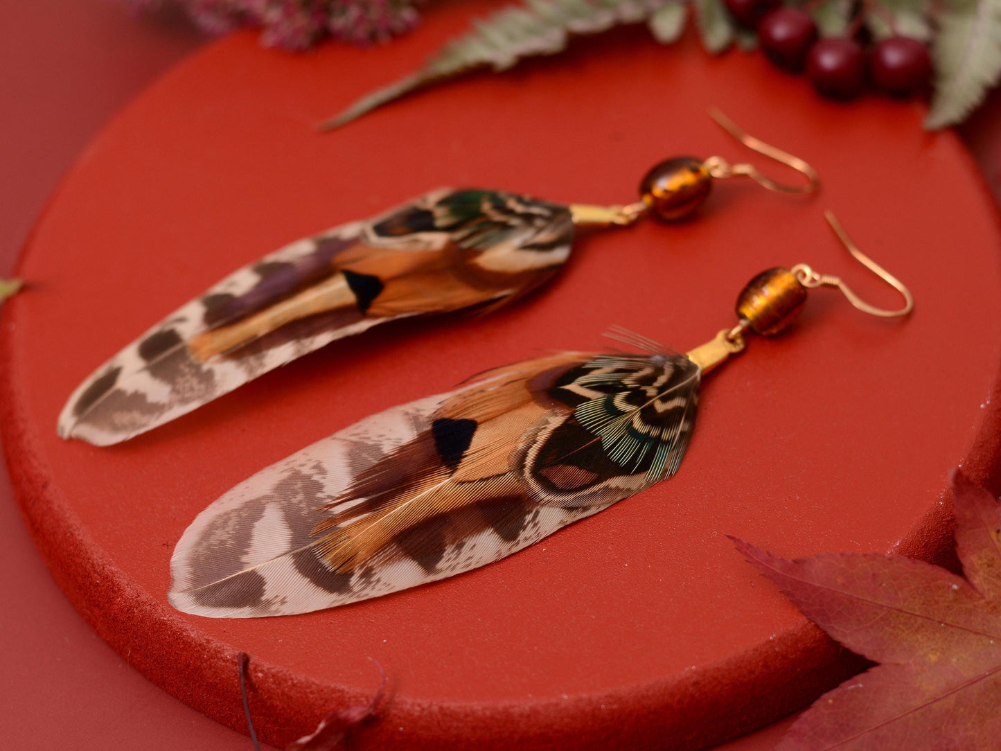 Pheasant Feather Earrings with Amber Glass Bead | Festival Earrings | Feather Jewellery | Festival Jewellery