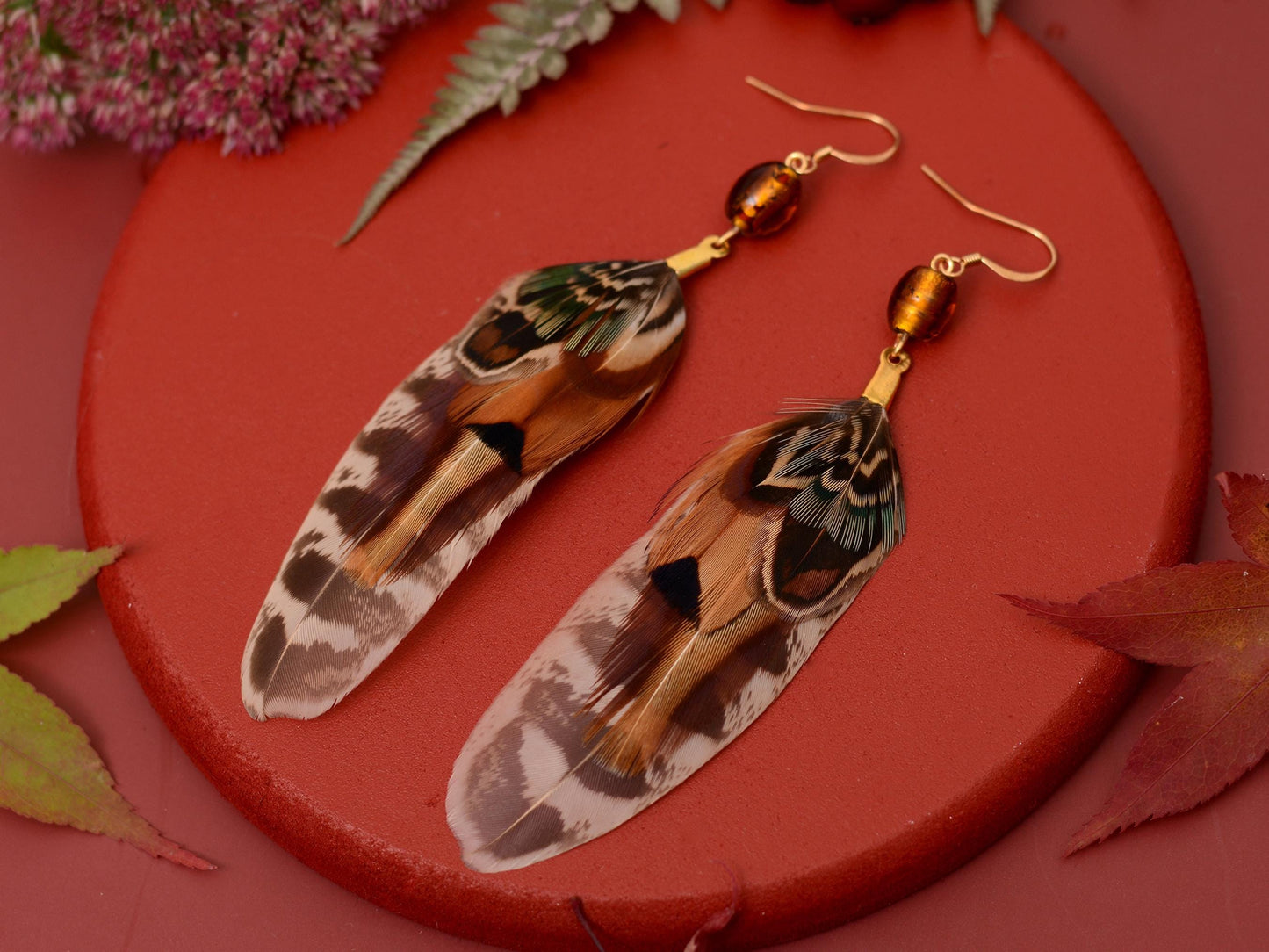 Pheasant Feather Earrings with Amber Glass Bead | Festival Earrings | Feather Jewellery | Festival Jewellery