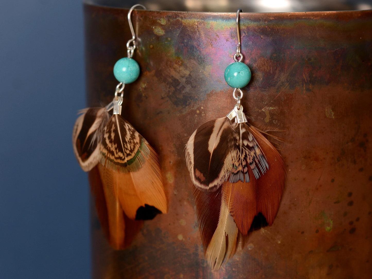 Pheasant Feather Earrings with Turquoise Bead | Feather Jewellery | Festival Jewellery