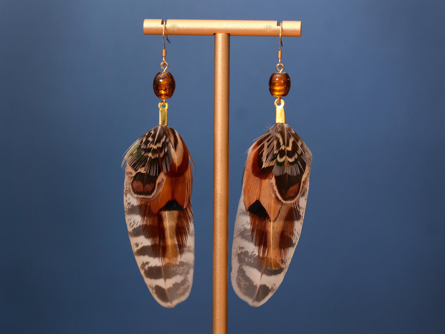 Pheasant Feather Earrings with Amber Glass Bead | Festival Earrings | Feather Jewellery | Festival Jewellery