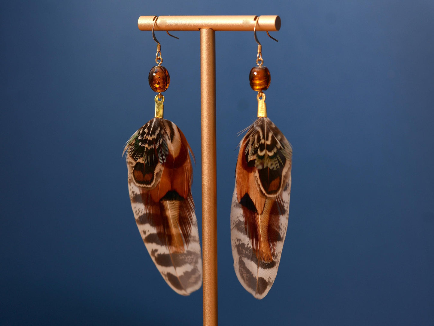 Pheasant Feather Earrings with Amber Glass Bead | Festival Earrings | Feather Jewellery | Festival Jewellery