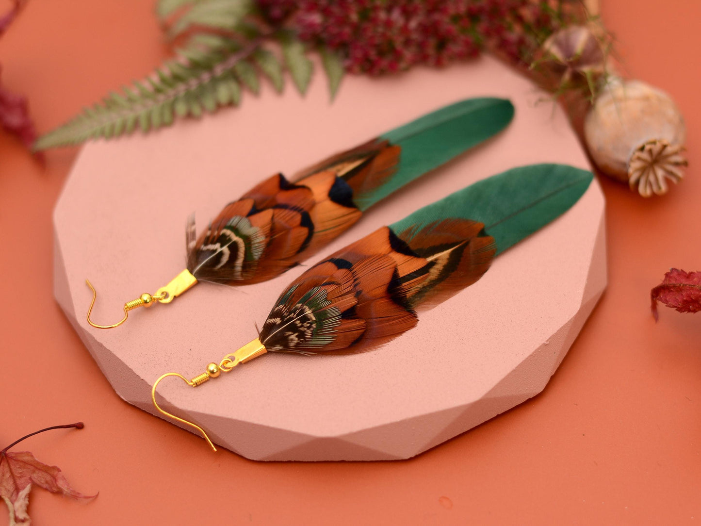 Green and Copper Feather Earrings | Pheasant Feather Earrings | Festival Earrings | Feather Jewellery | Festival Jewellery | Drop Earrings