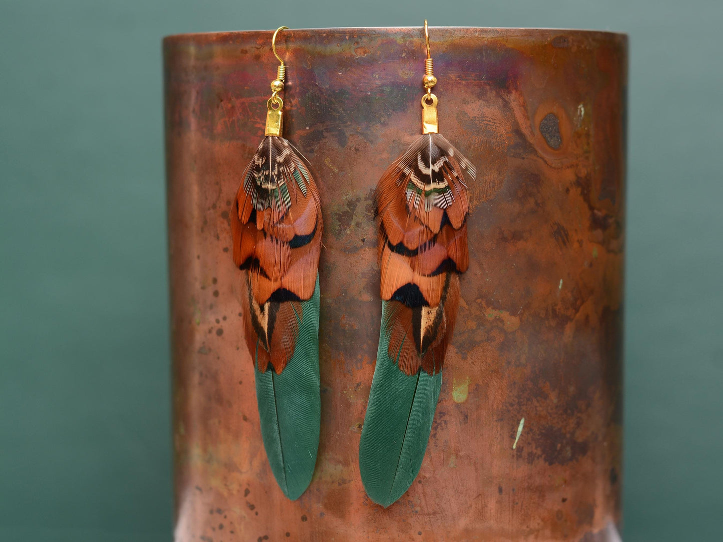 Green and Copper Feather Earrings | Pheasant Feather Earrings | Festival Earrings | Feather Jewellery | Festival Jewellery | Drop Earrings