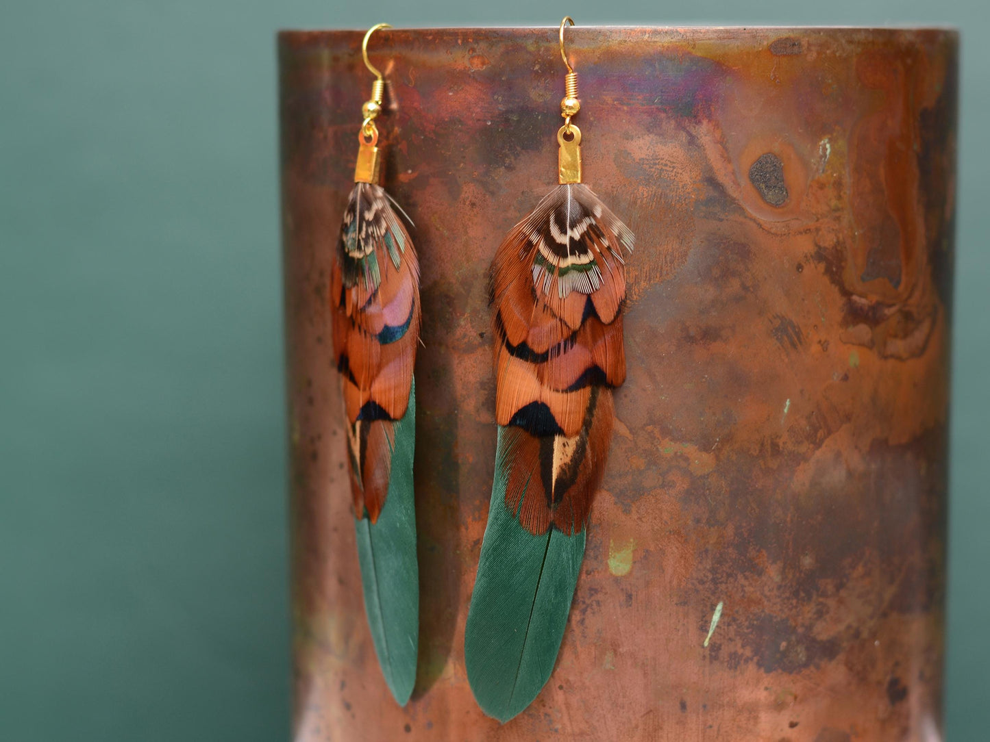 Green and Copper Feather Earrings | Pheasant Feather Earrings | Festival Earrings | Feather Jewellery | Festival Jewellery | Drop Earrings