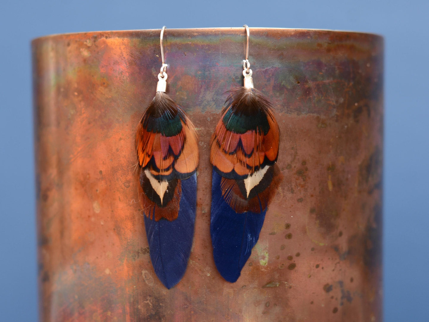 Navy Blue and Copper Small Feather Earrings | Festival Earrings | Feather Jewellery | Festival Jewellery | Drop Earrings