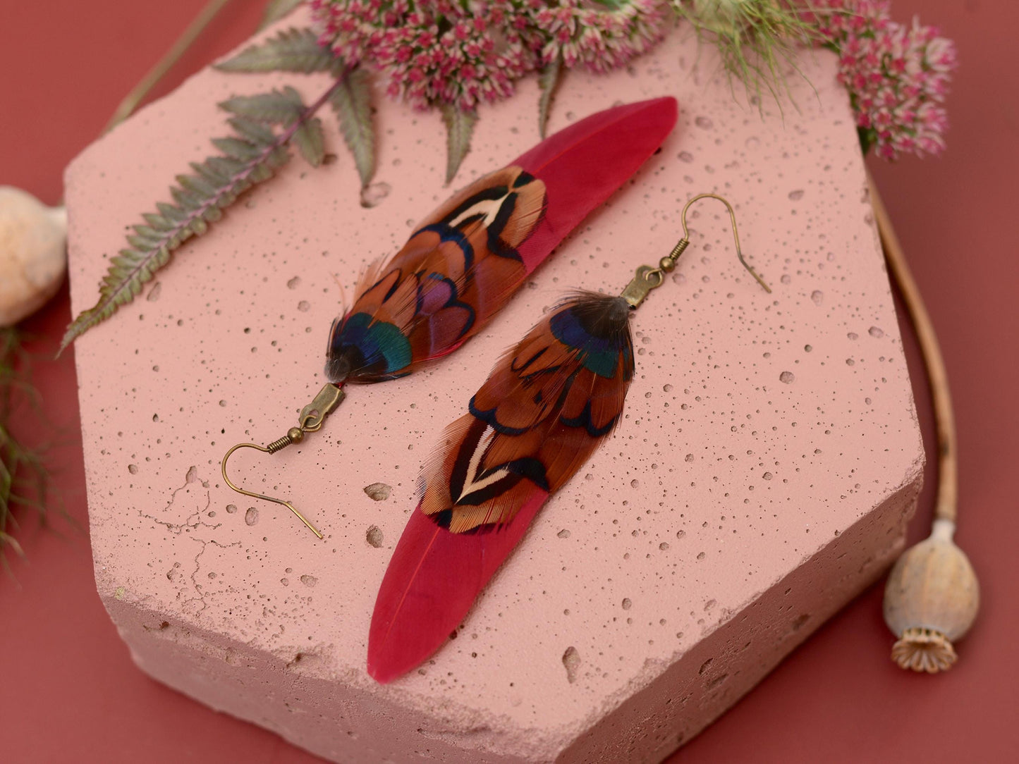 Burgundy and Copper Pheasant Feather Earrings | Festival Earrings | Feather Jewellery | Festival Jewellery | Drop Earrings