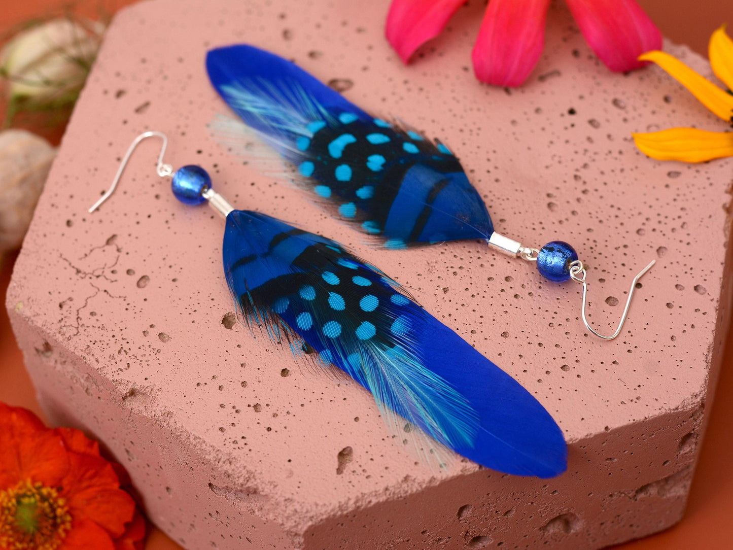 Bright Cobalt Blue Long Feather Earrings