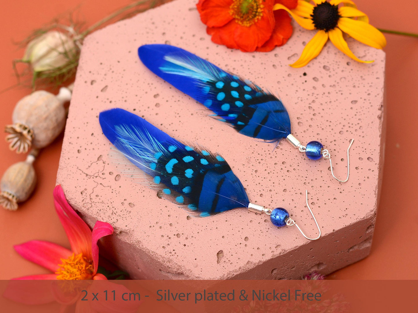 Bright Cobalt Blue Long Feather Earrings