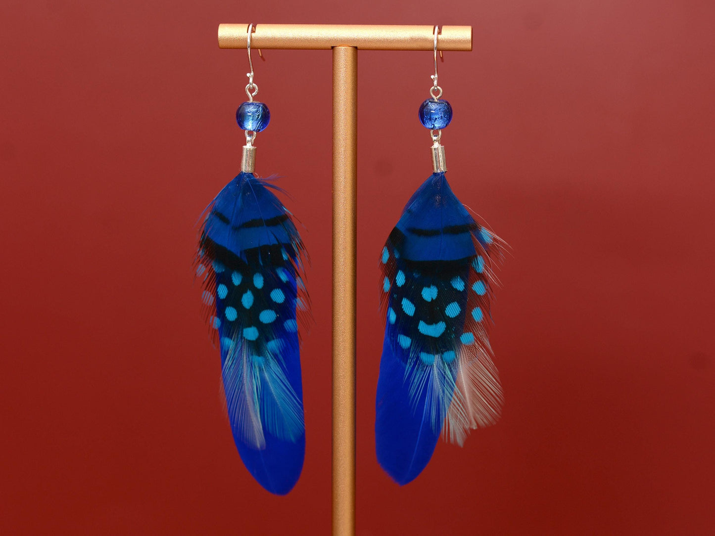 Bright Cobalt Blue Long Feather Earrings