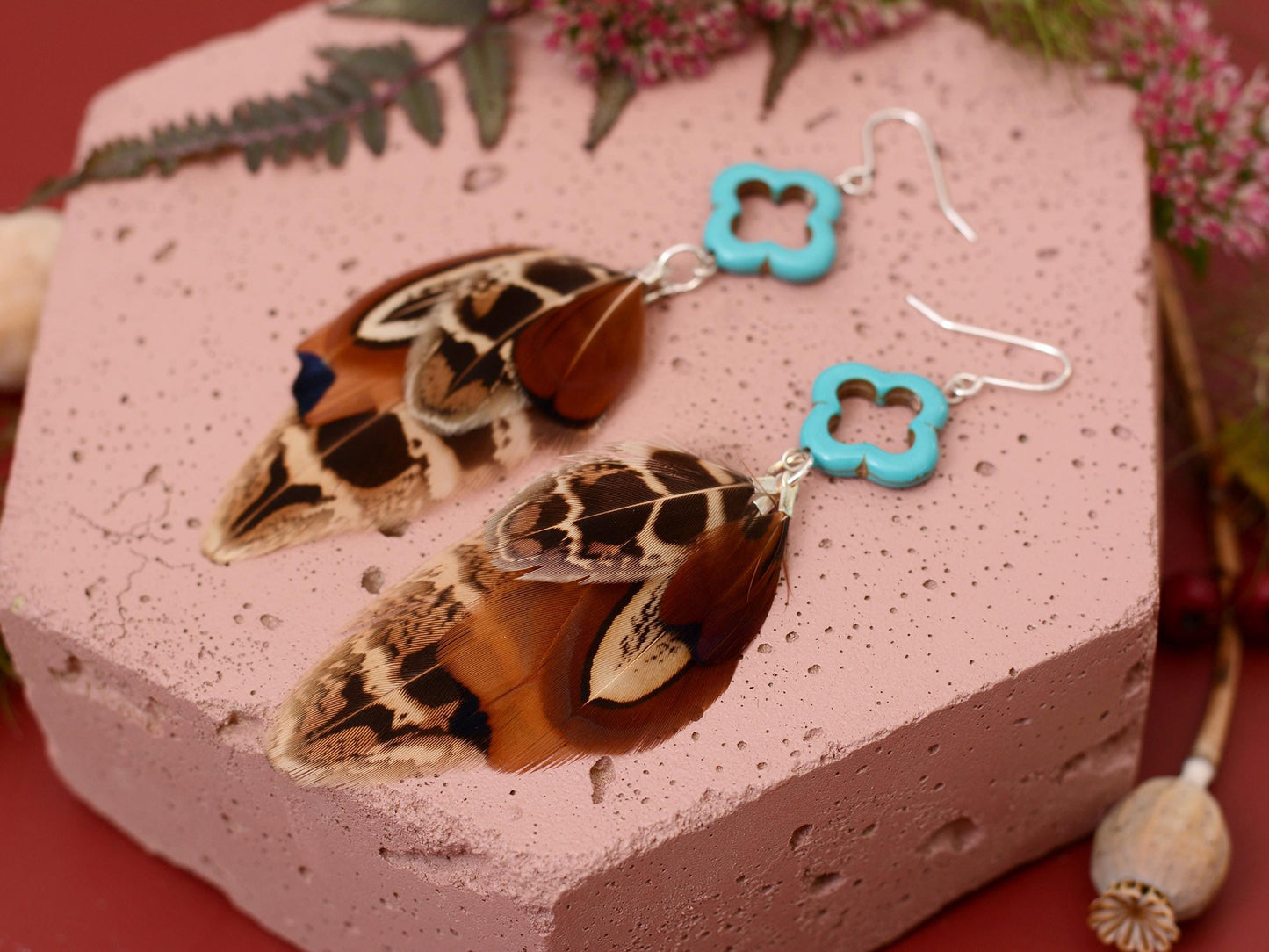 Tassel Pheasant Feather Earrings with Turquoise | Festival Earrings | Feather Jewellery | Festival Jewellery