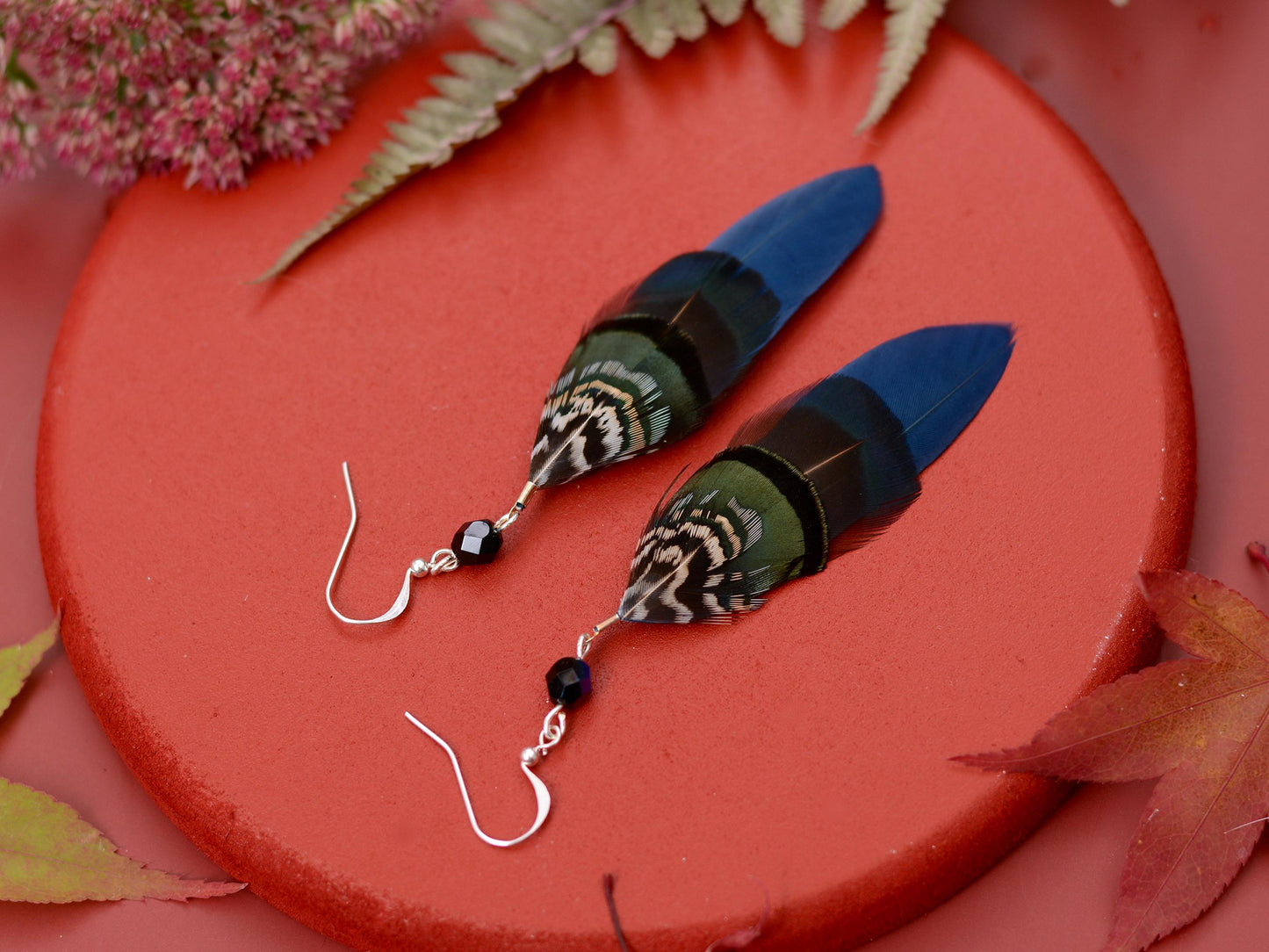 Feather Earrings in Navy Blue and Green with Aurora Crystal Bead | Feather Jewellery | Drop Earrings