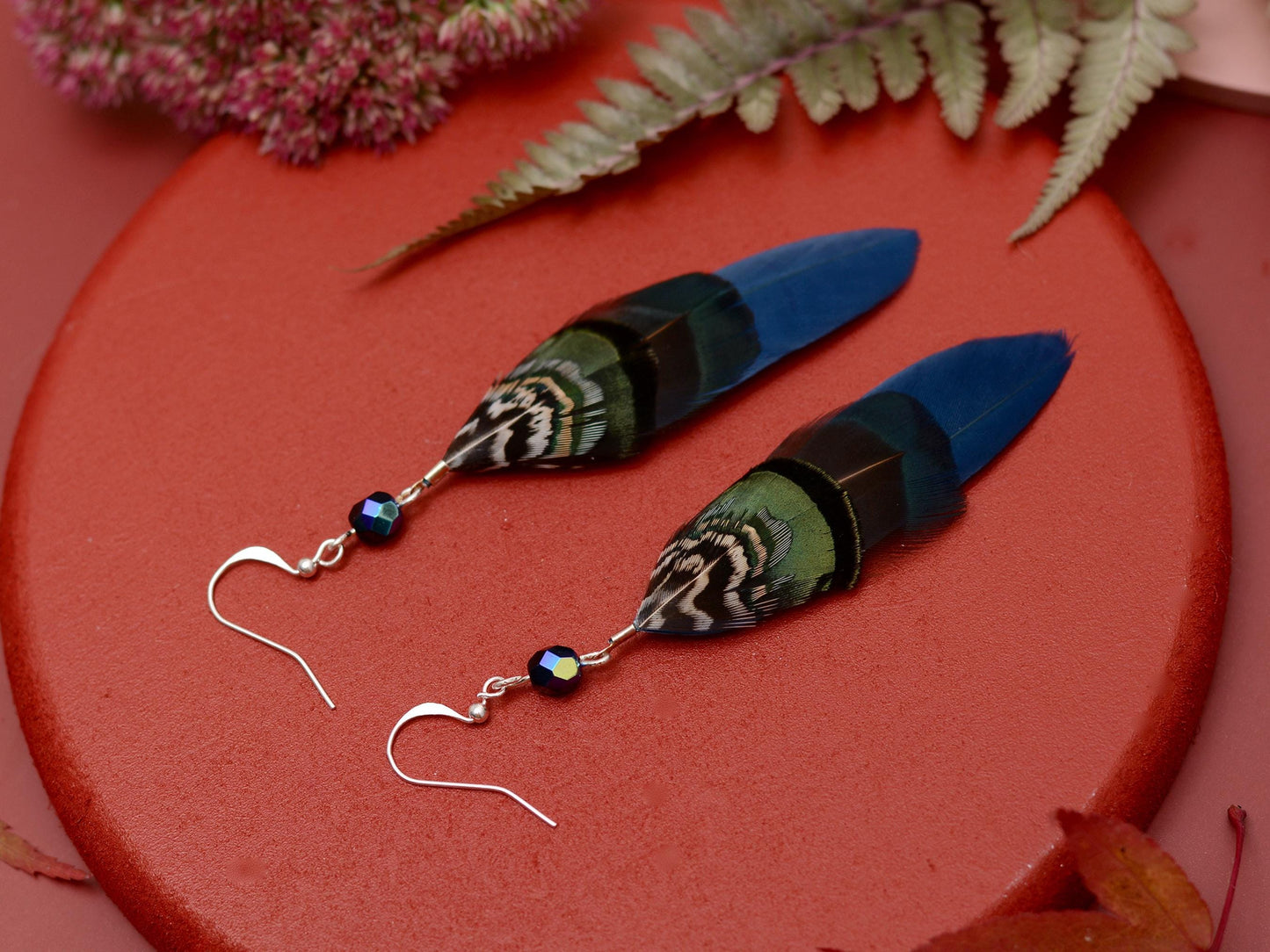 Feather Earrings in Navy Blue and Green with Aurora Crystal Bead | Feather Jewellery | Drop Earrings