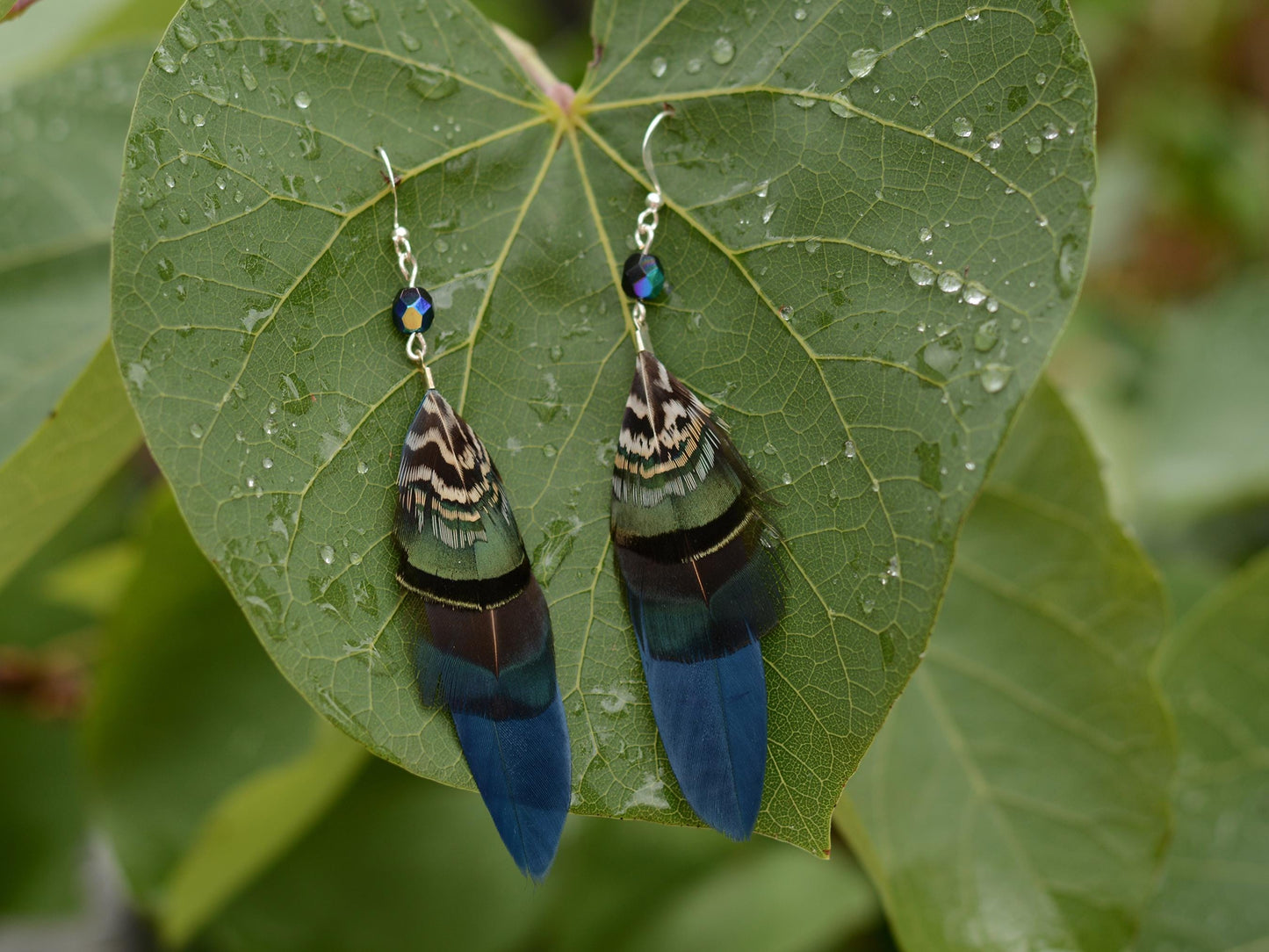 Feather Earrings in Navy Blue and Green with Aurora Crystal Bead | Feather Jewellery | Drop Earrings