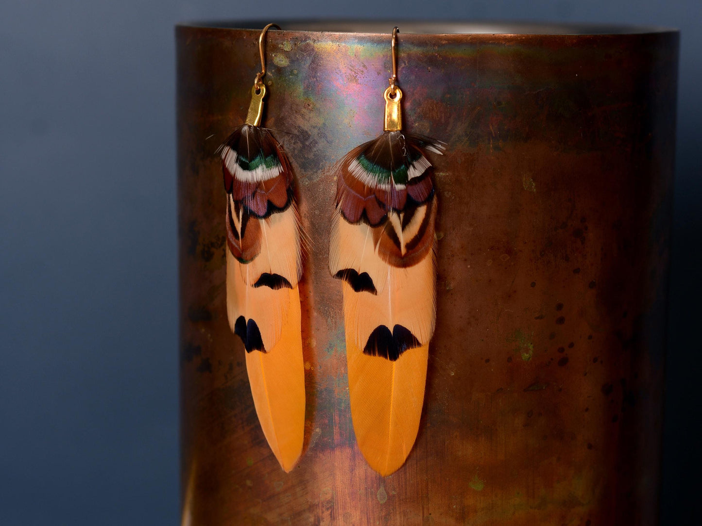 Mustard Yellow and Copper Pheasant Feather Earrings | Yellow Earrings | Festival Earrings | Feather Jewellery | Festival Jewellery