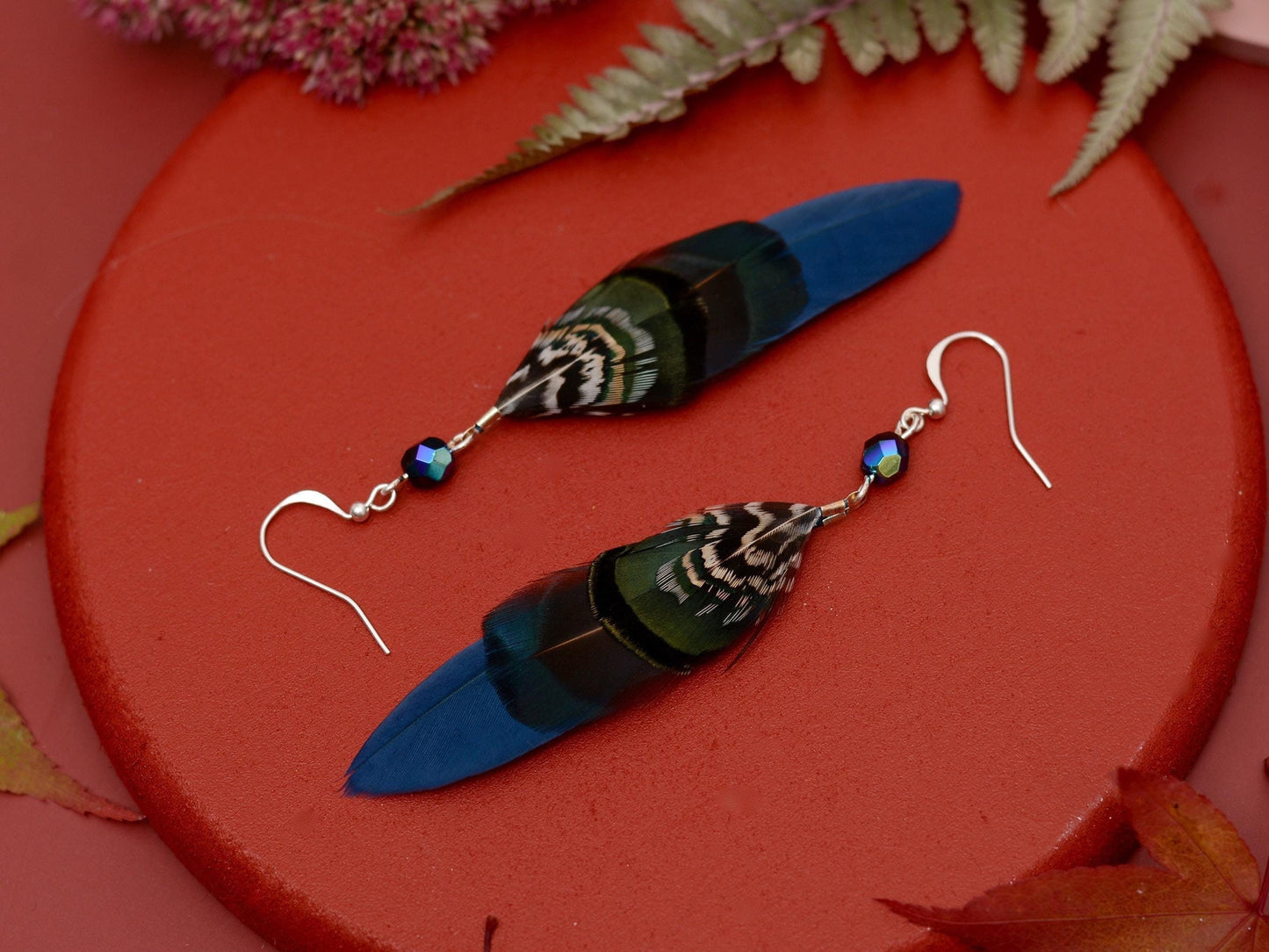 Feather Earrings in Navy Blue and Green with Aurora Crystal Bead | Feather Jewellery | Drop Earrings