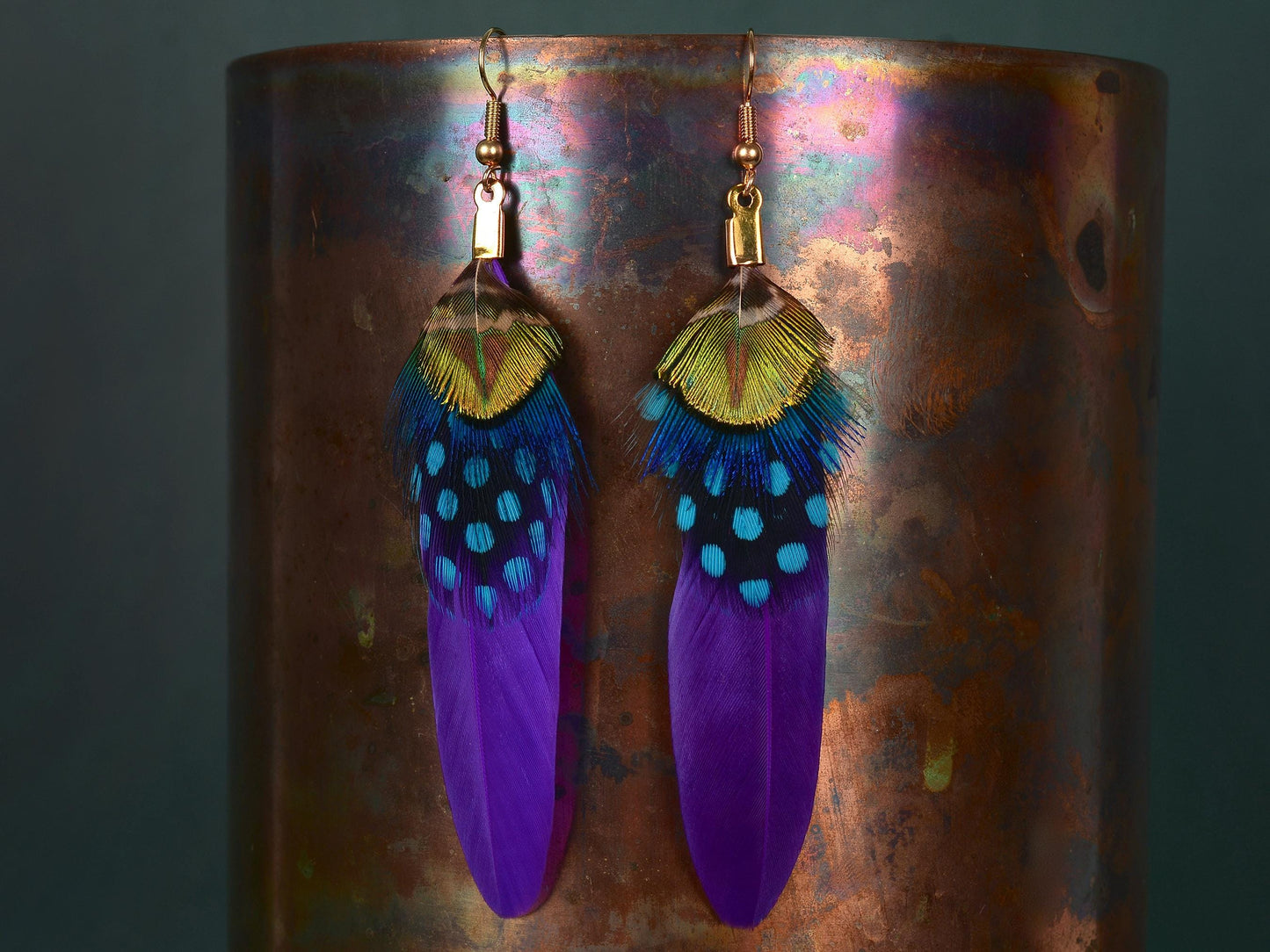 Purple Feather Earrings | Peacock Feather Earrings| Festival Earrings | Feather Jewellery | Festival Jewellery | Bohemian | Drop Earrings