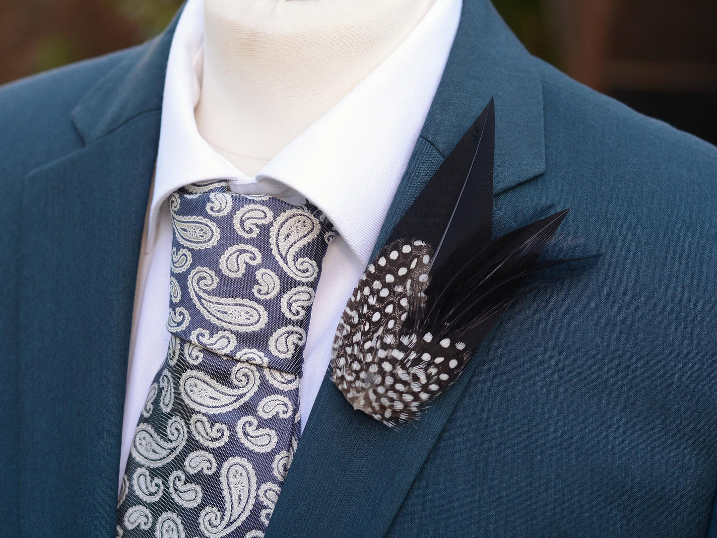 Black Monochrome Feather Lapel Pin with Spotted Guinea Fowl Feathers | Feather Boutonniere | Feather Brooch | Feather Hat Pin