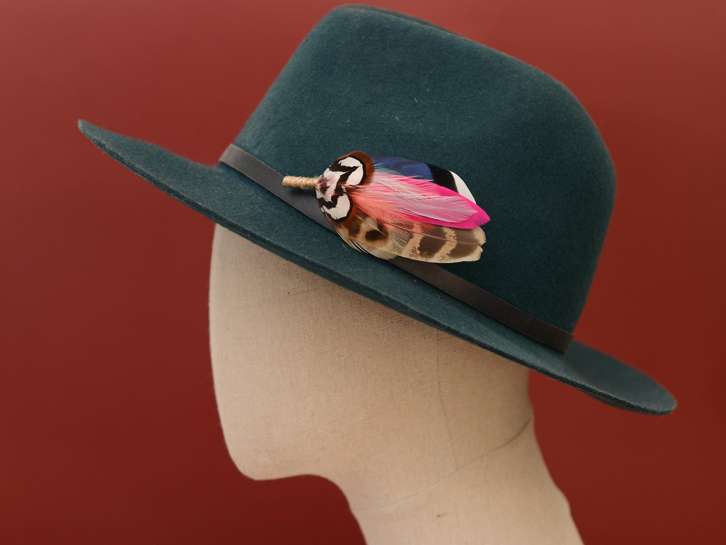 Blue Duck and Pheasant Feather Lapel Pin with a Flash of Pink | Pheasant Feather Boutonniere | Feather Brooch | Feather Hat Pin