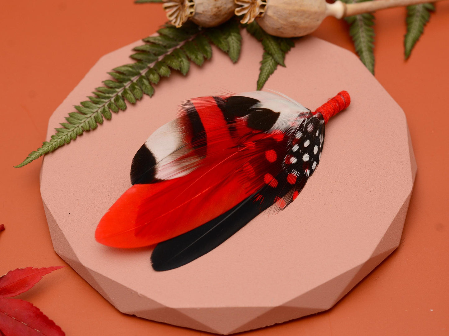 Red, Black and White Feather Corsage / Hat Pin | Duck Feather Boutonniere Brooch