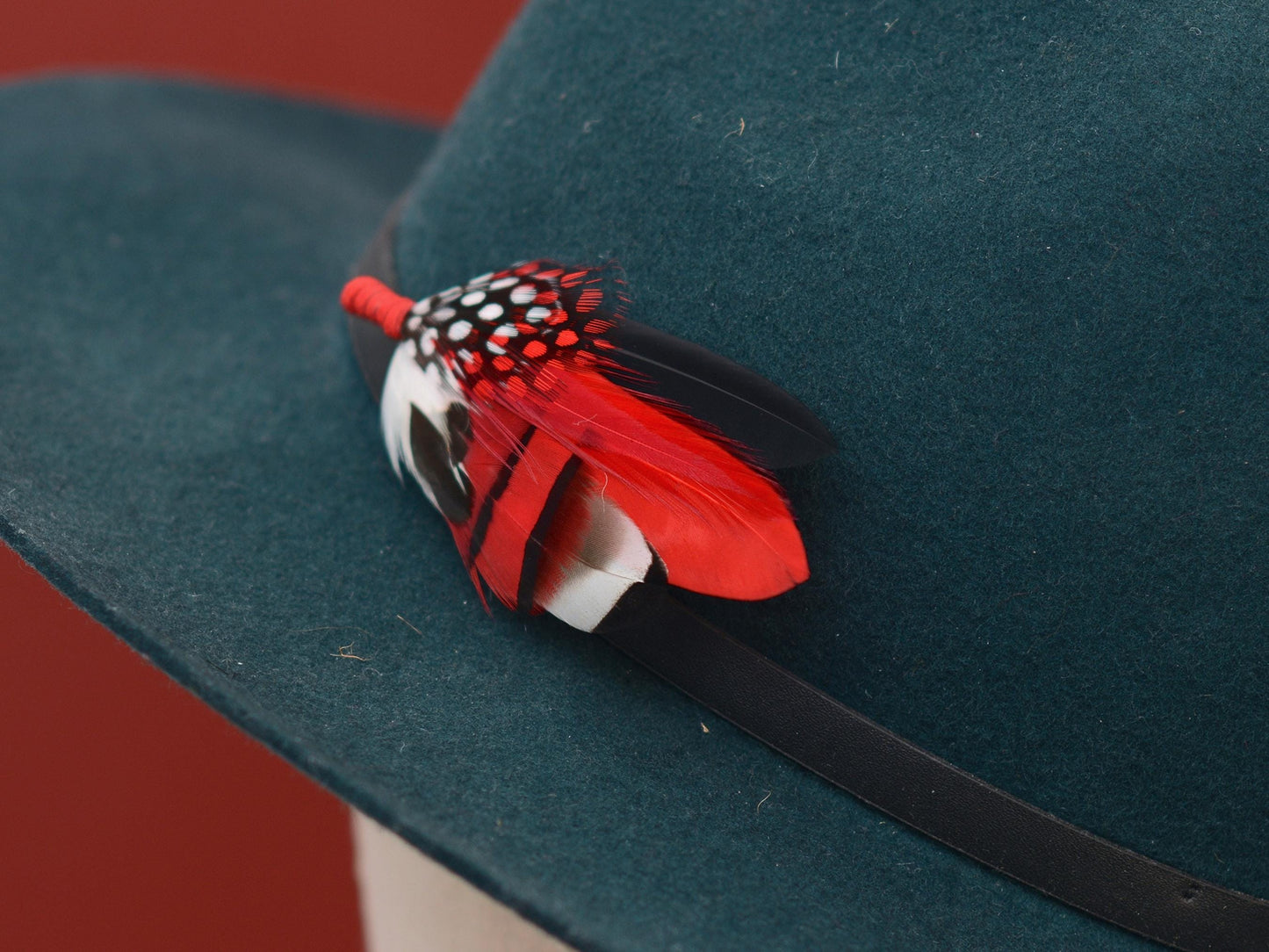 Red, Black and White Feather Corsage / Hat Pin | Duck Feather Boutonniere Brooch