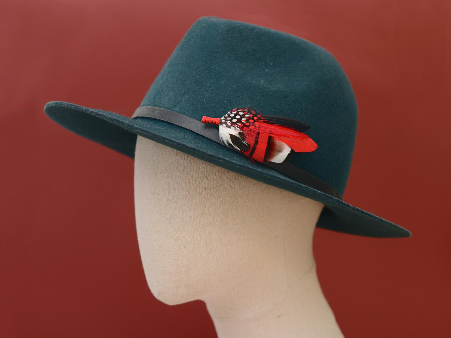 Red, Black and White Feather Corsage / Hat Pin | Duck Feather Boutonniere Brooch