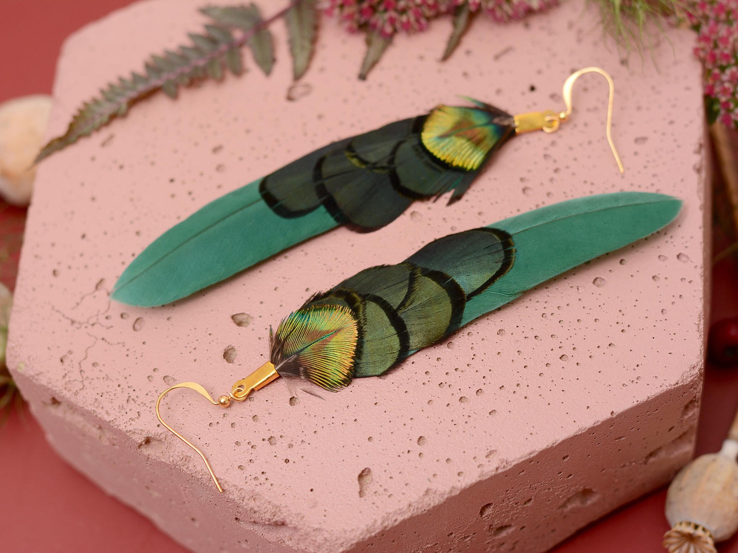 Green and Gold Feather Earrings | Peacock Feather Earrings | Festival Earrings | Feather Jewellery | Festival Jewellery | Drop Earrings