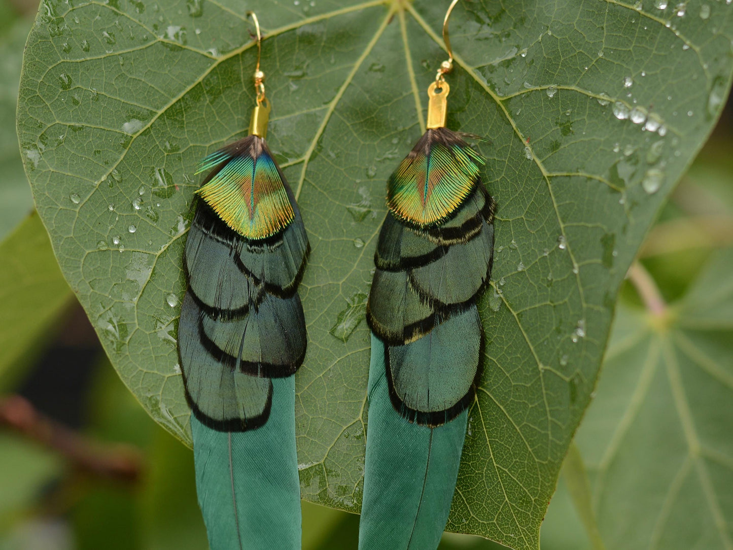 Green and Gold Feather Earrings | Peacock Feather Earrings | Festival Earrings | Feather Jewellery | Festival Jewellery | Drop Earrings