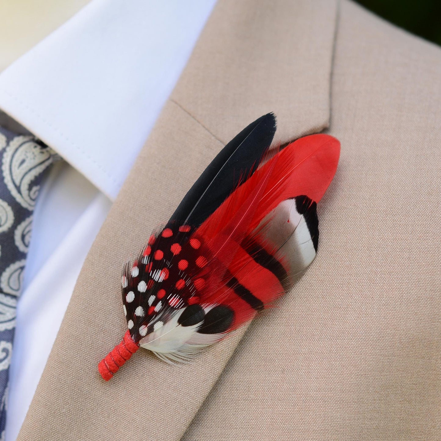 Red, Black and White Feather Corsage / Hat Pin | Duck Feather Boutonniere Brooch
