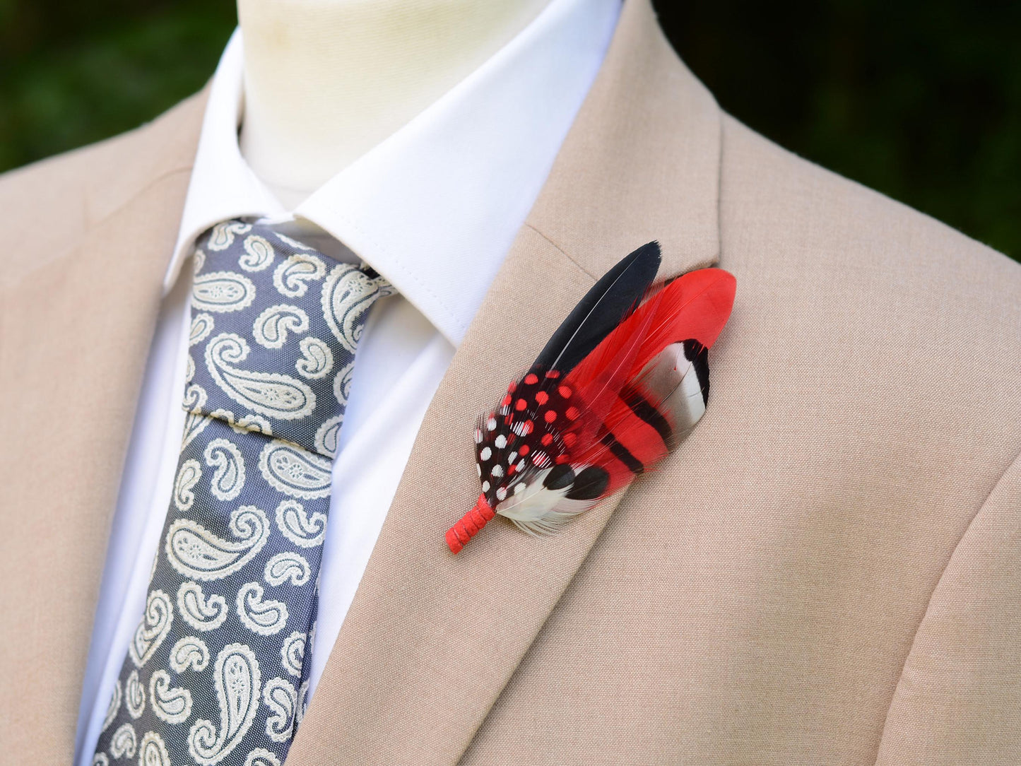 Red, Black and White Feather Corsage / Hat Pin | Duck Feather Boutonniere Brooch