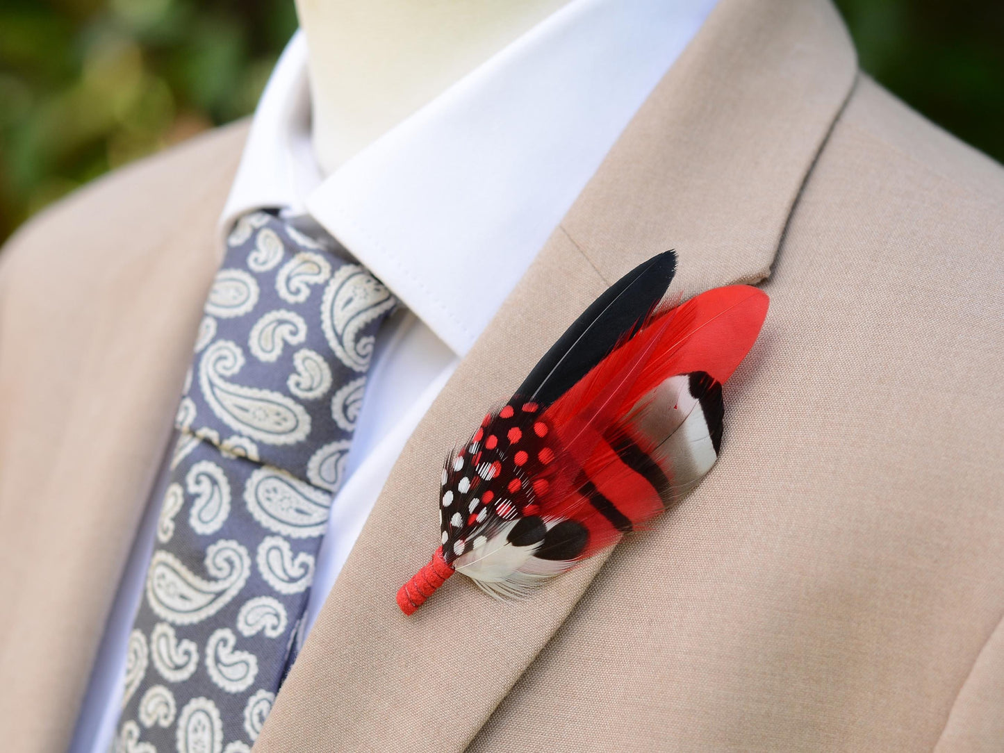 Red, Black and White Feather Corsage / Hat Pin | Duck Feather Boutonniere Brooch