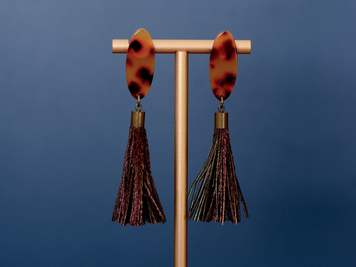 Tortoiseshell Acetate and Shimmering Green Peacock Feather Tassel Earrings No.2 | Festival Earrings | Feather Jewellery | Long Earrings