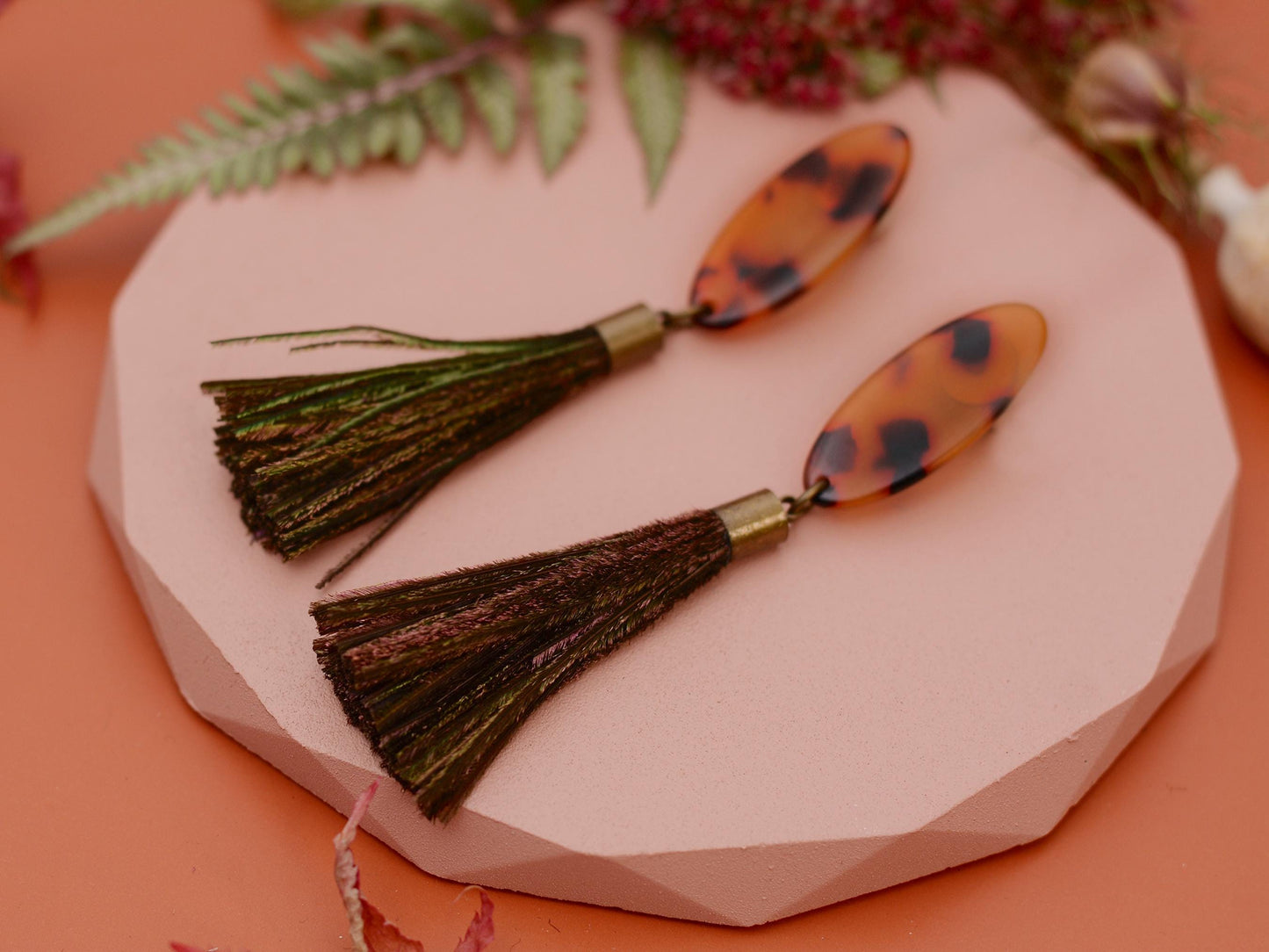 Tortoiseshell Acetate and Shimmering Green Peacock Feather Tassel Earrings No.2 | Festival Earrings | Feather Jewellery | Long Earrings