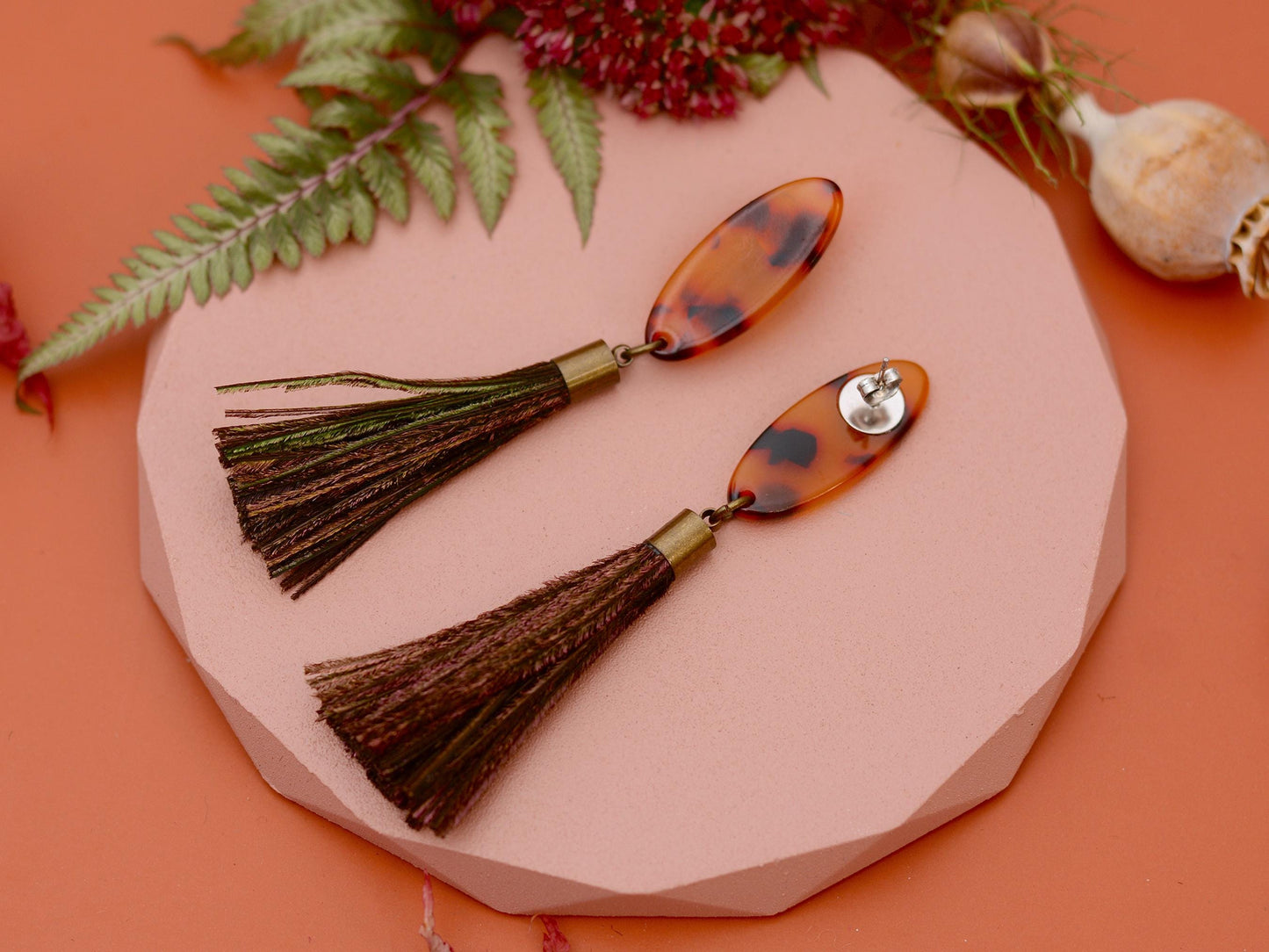 Tortoiseshell Acetate and Shimmering Green Peacock Feather Tassel Earrings No.2 | Festival Earrings | Feather Jewellery | Long Earrings