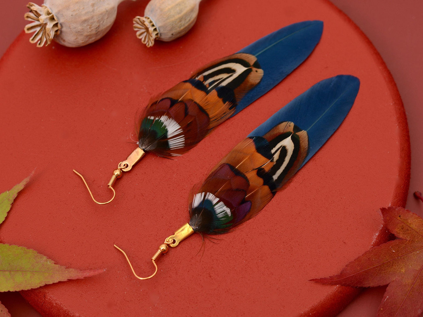 Navy Blue and Copper Feather Earrings | Pheasant Feather Earrings | Festival Earrings | Feather Jewellery | Drop Earrings
