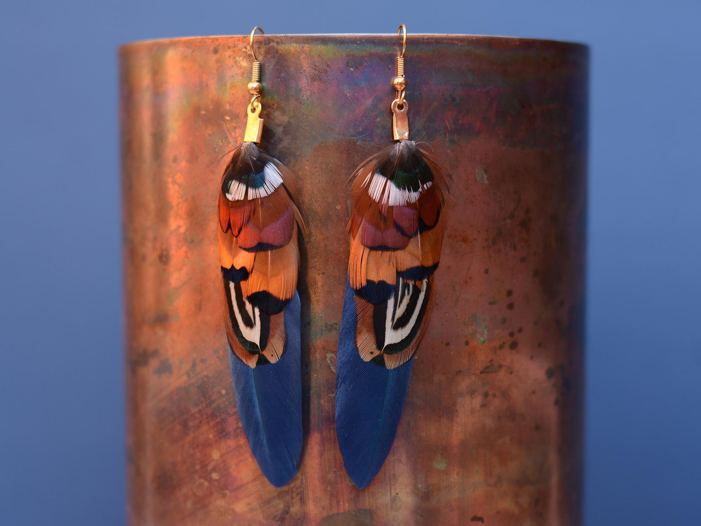 Navy Blue and Copper Feather Earrings | Pheasant Feather Earrings | Festival Earrings | Feather Jewellery | Drop Earrings