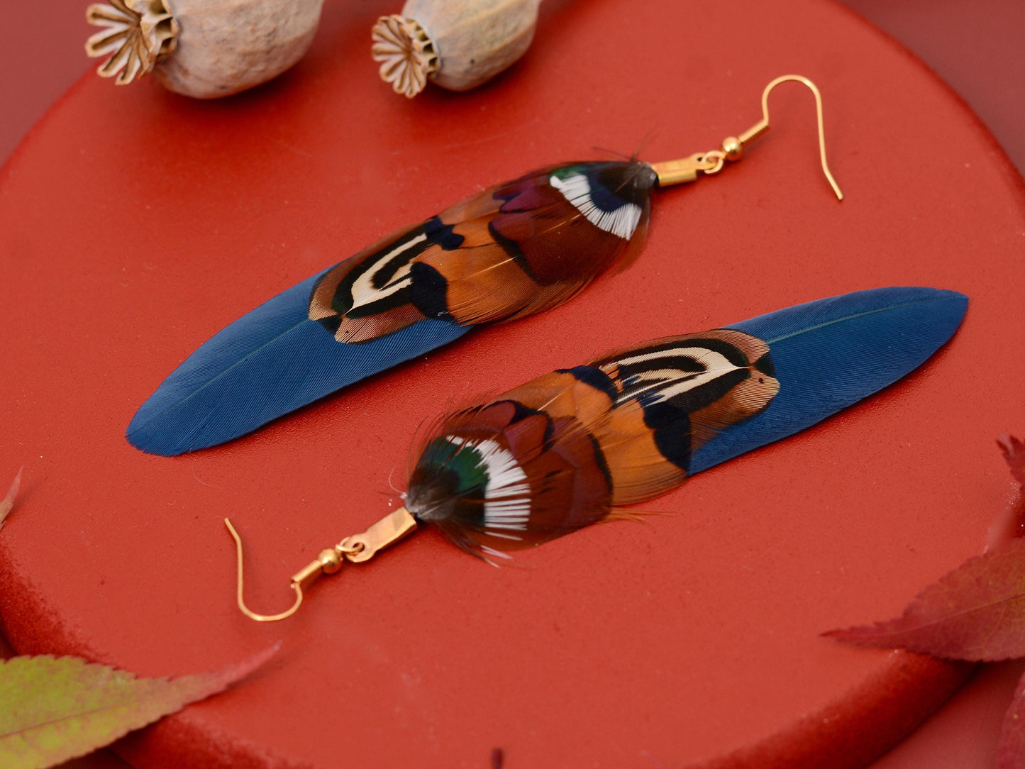 Navy Blue and Copper Feather Earrings | Pheasant Feather Earrings | Festival Earrings | Feather Jewellery | Drop Earrings