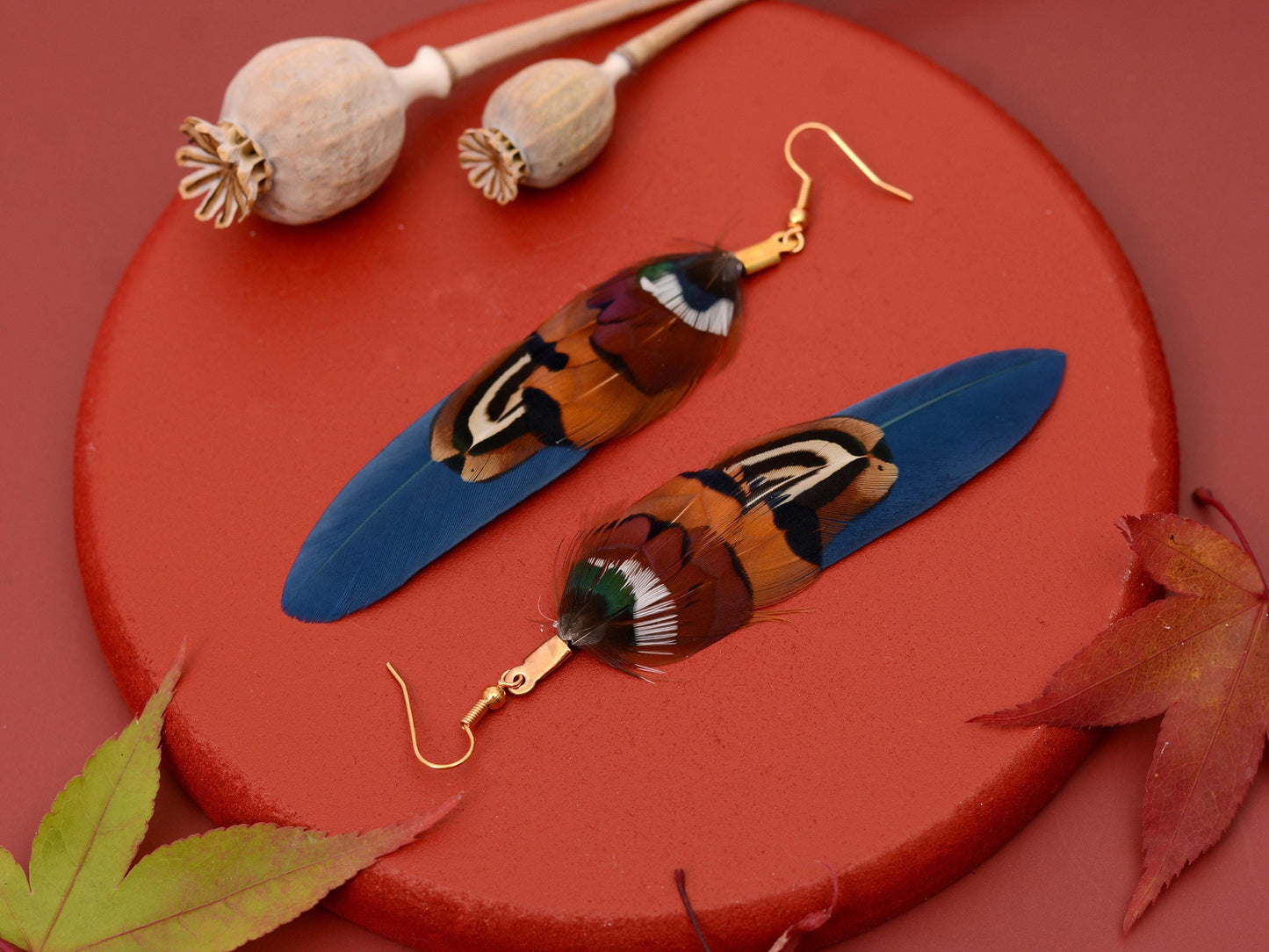 Navy Blue and Copper Feather Earrings | Pheasant Feather Earrings | Festival Earrings | Feather Jewellery | Drop Earrings