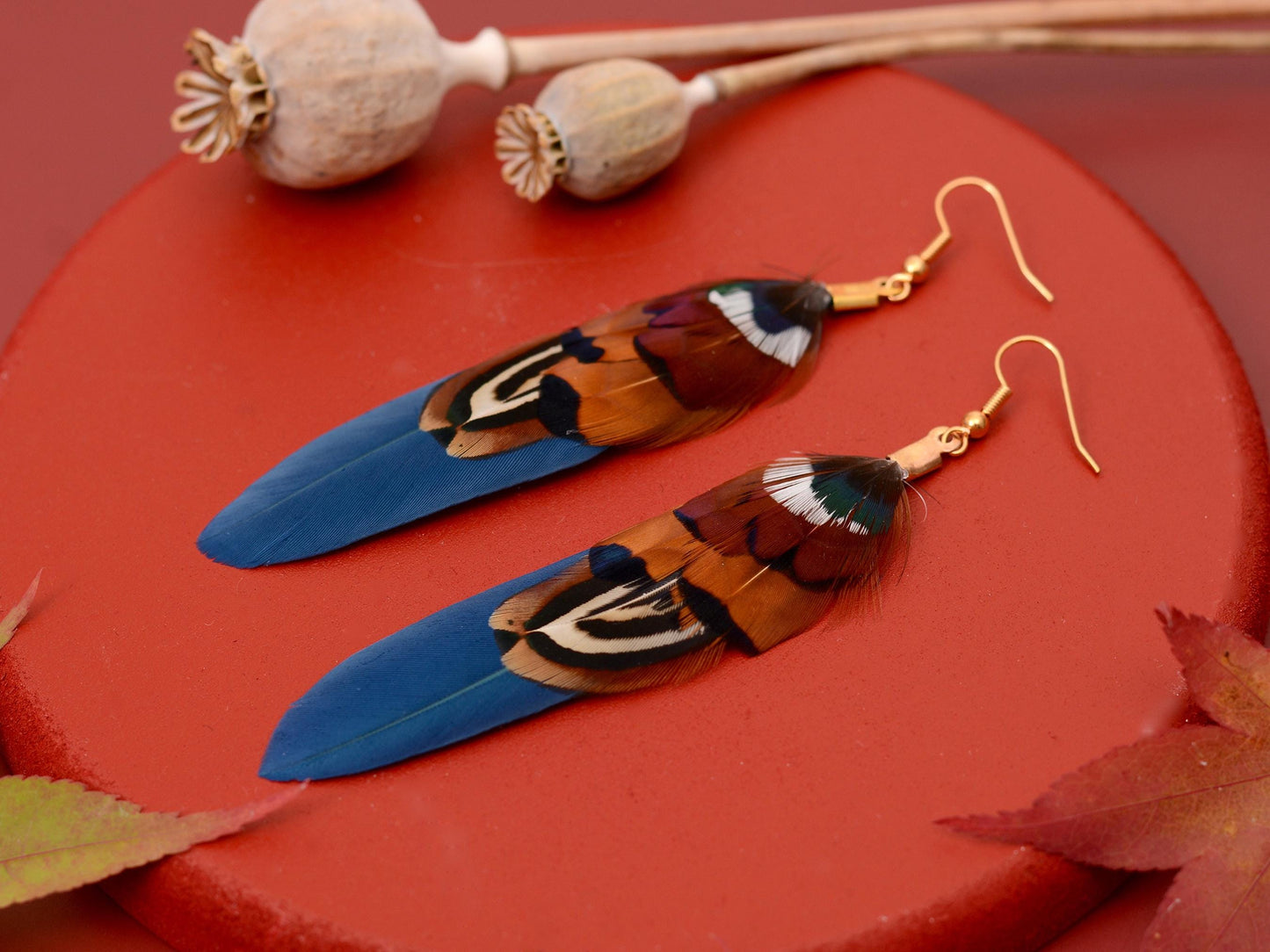 Navy Blue and Copper Feather Earrings | Pheasant Feather Earrings | Festival Earrings | Feather Jewellery | Drop Earrings