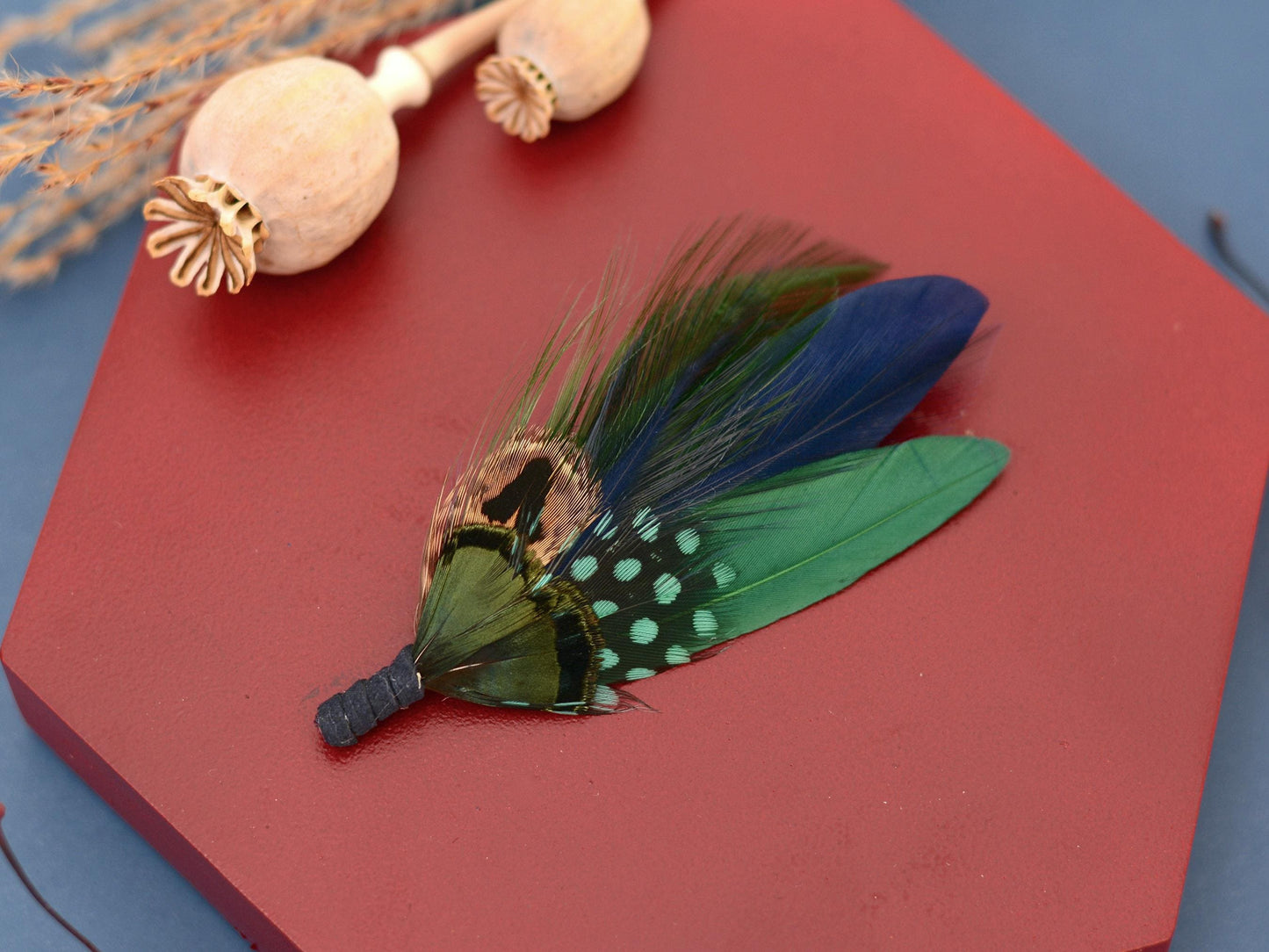 Navy Blue and Bottle Green Feather Boutonniere | Duck Feather Hat Pin | Pheasant Feather Brooch